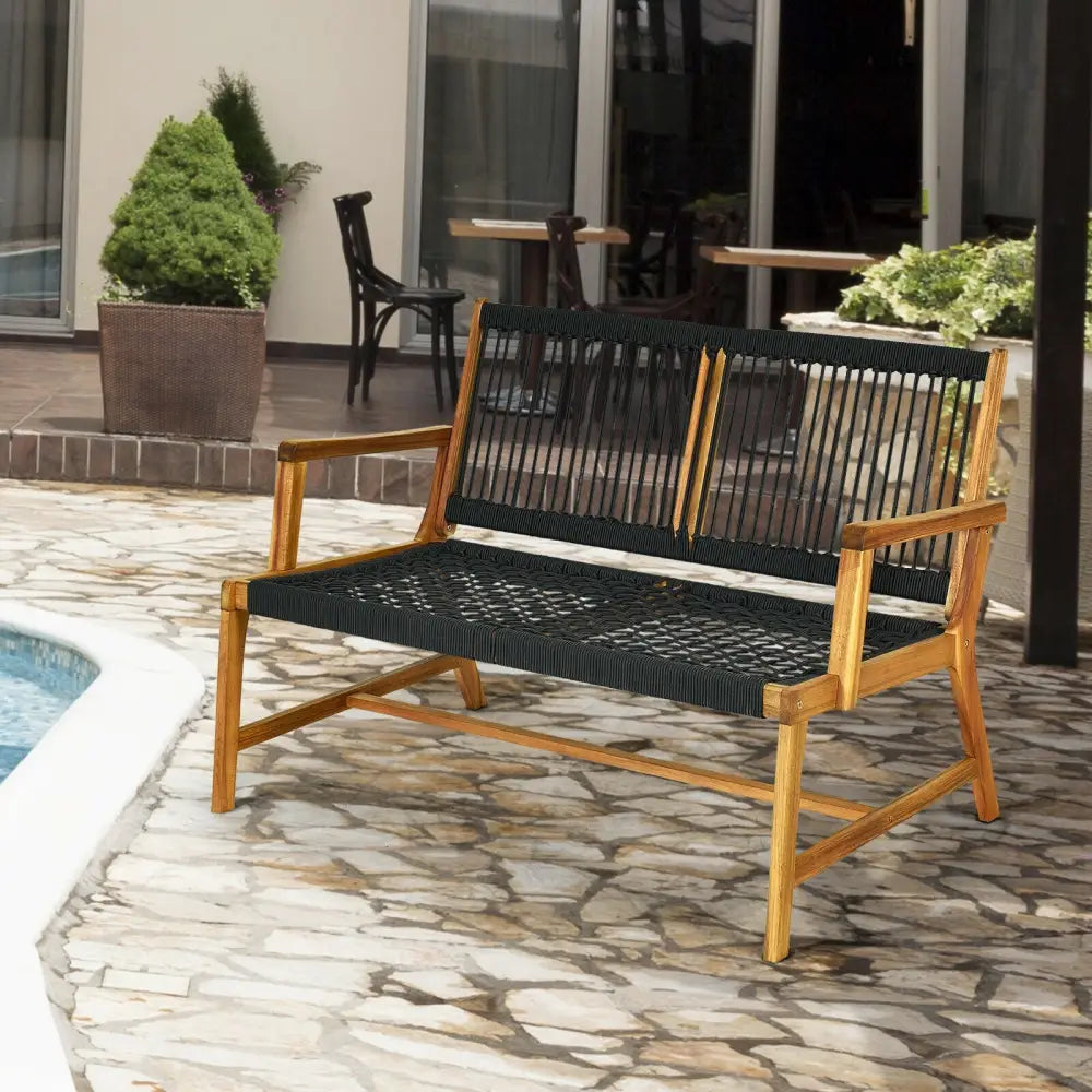 2-Person Acacia Wood Yard Bench for Balcony and Patio-Black - Black - Outdoor Benches