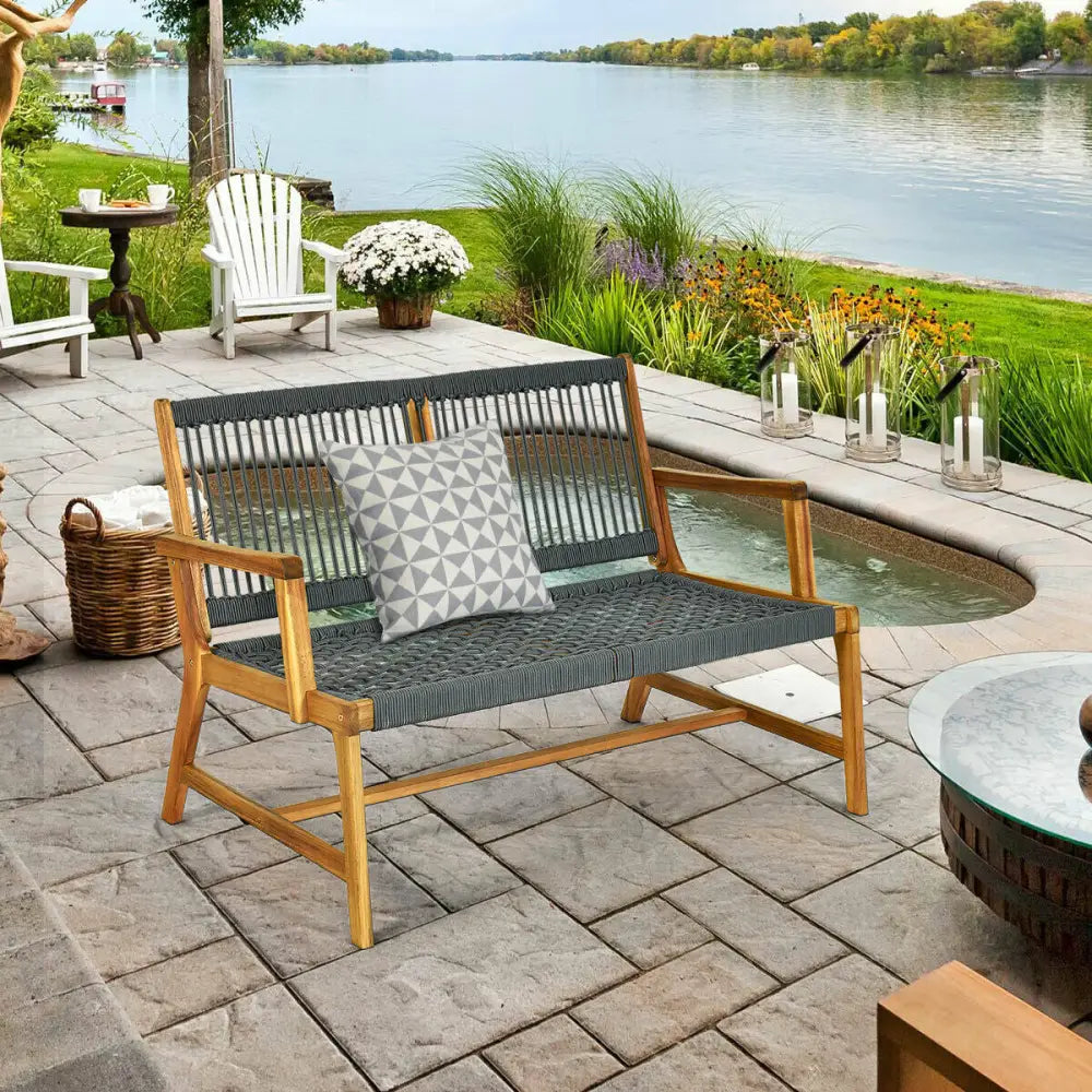 2-Person Acacia Wood Yard Bench for Balcony and Patio-Gray - Gray - Outdoor Benches