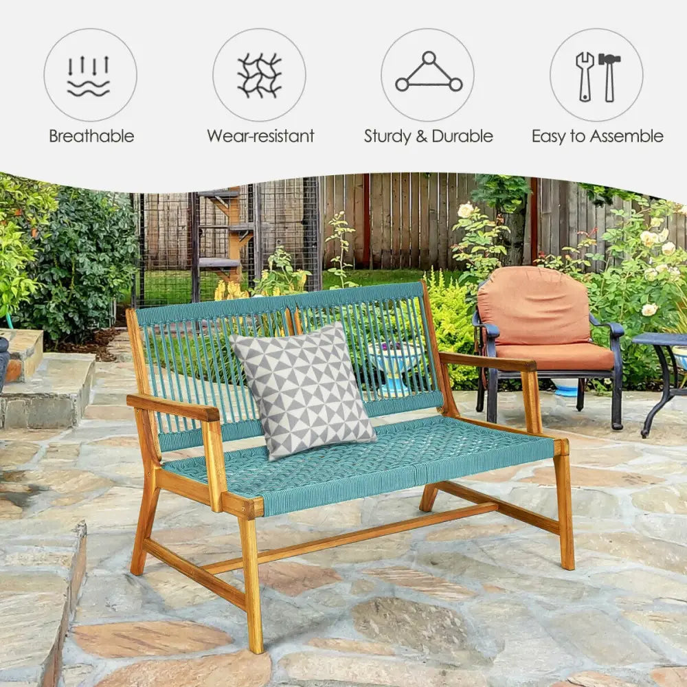 2-Person Acacia Wood Yard Bench for Balcony and Patio-Turquoise - Turquoise - Outdoor Benches