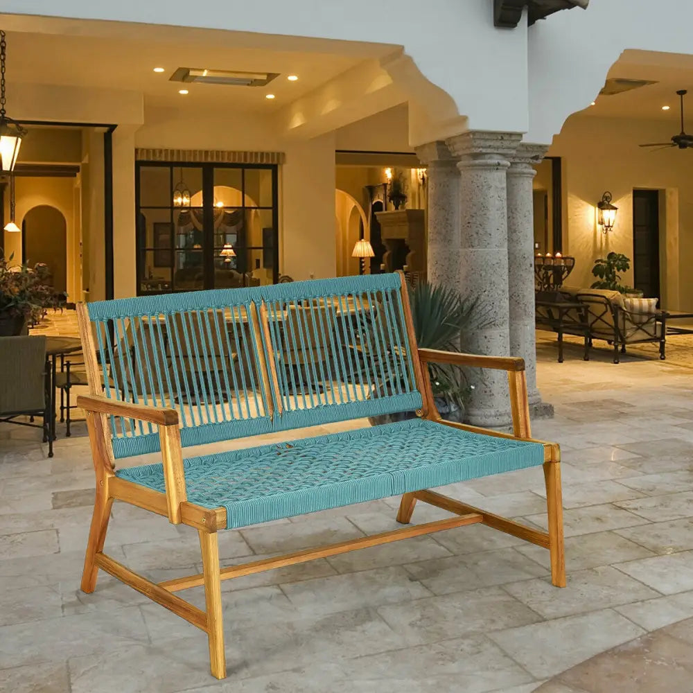 2-Person Acacia Wood Yard Bench for Balcony and Patio-Turquoise - Turquoise - Outdoor Benches