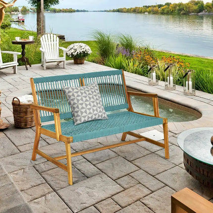 2-Person Acacia Wood Yard Bench for Balcony and Patio-Turquoise - Turquoise - Outdoor Benches
