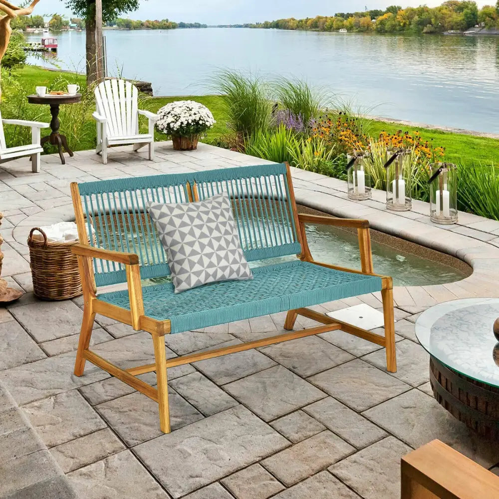 2-Person Acacia Wood Yard Bench for Balcony and Patio-Turquoise - Turquoise - Outdoor Benches