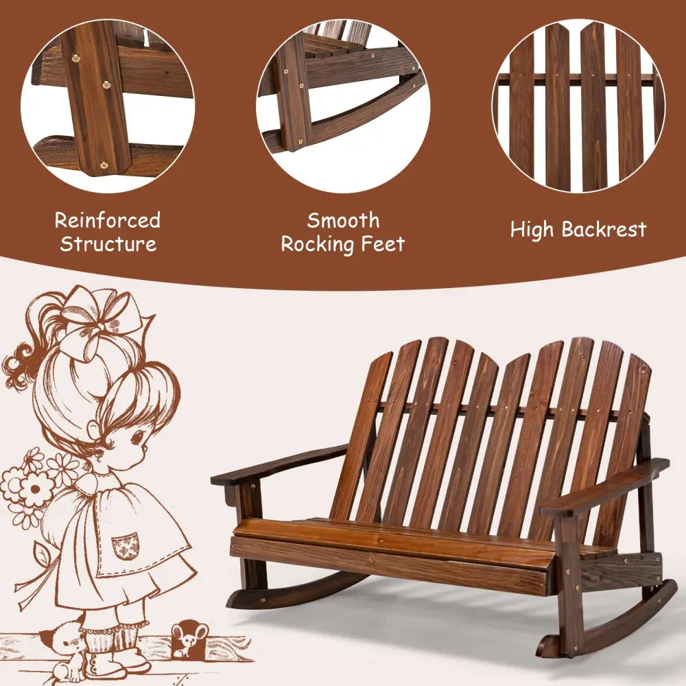 2 Person Adirondack Rocking Chair with Slatted seat-Brown - Brown - Patio Rocking Chairs & Gliders