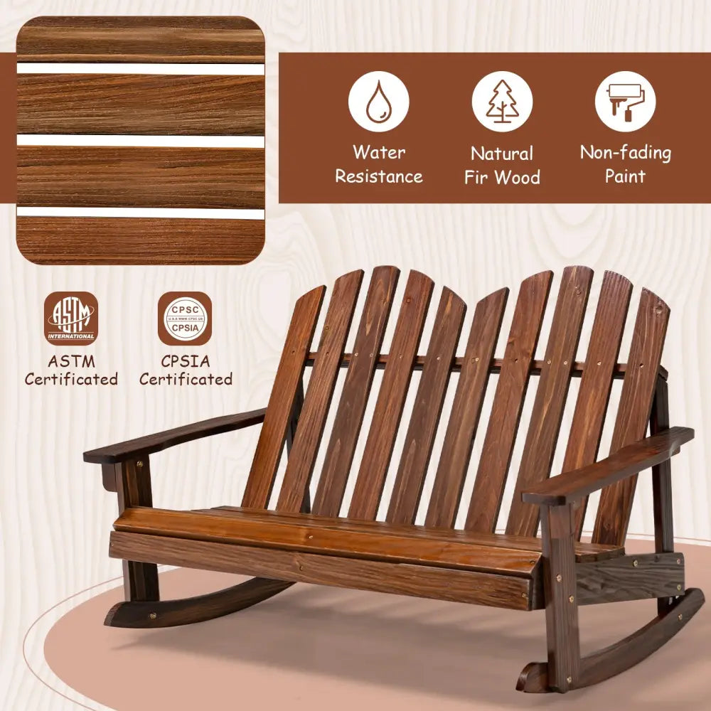 2 Person Adirondack Rocking Chair with Slatted seat-Brown - Brown - Patio Rocking Chairs & Gliders