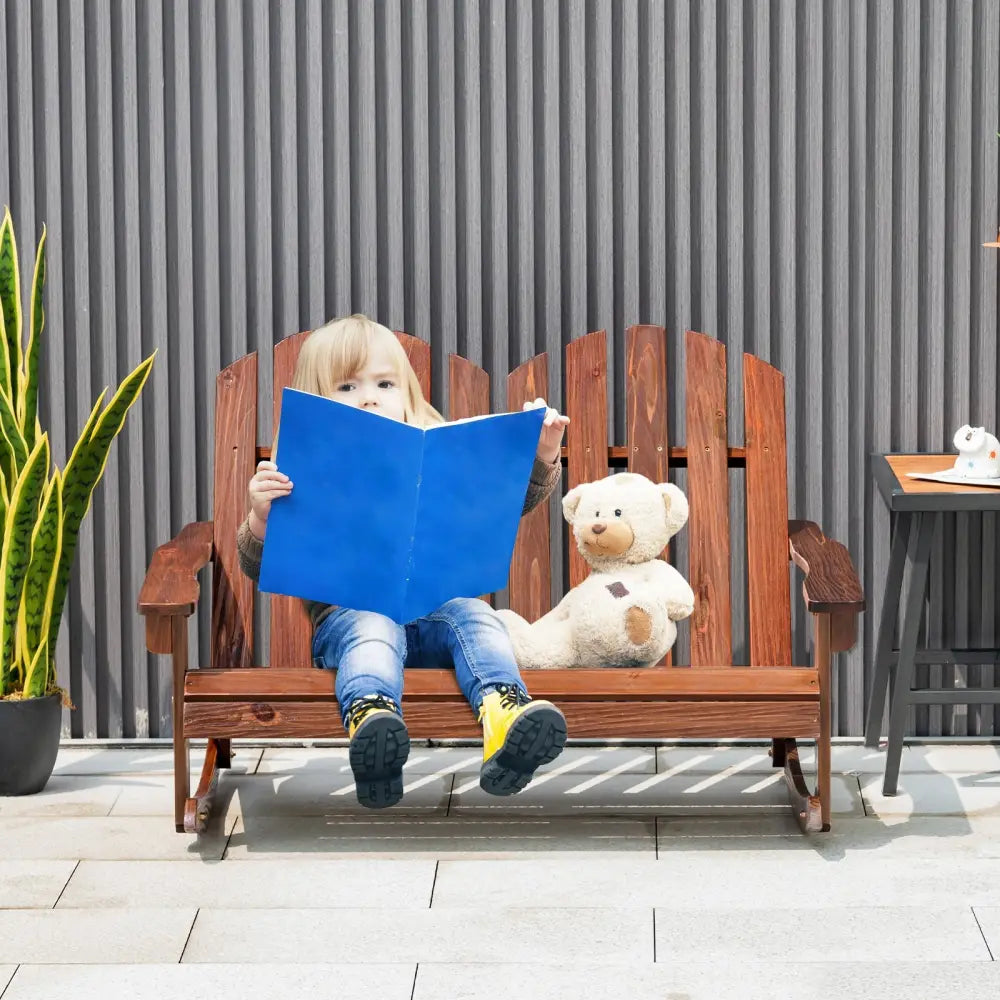 2 Person Adirondack Rocking Chair with Slatted seat-Brown - Brown - Patio Rocking Chairs & Gliders