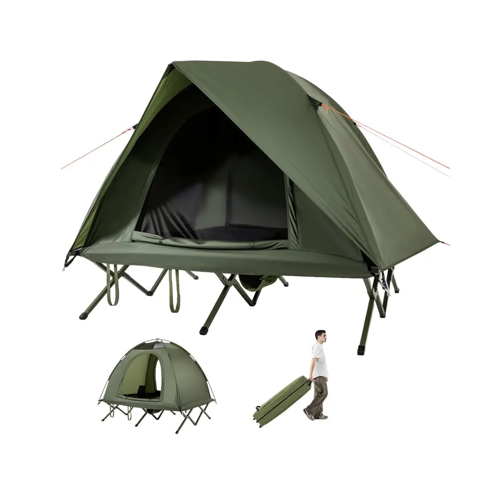2-Person Camping Cot Tent Foldable Off-Ground Camping Combo for Adults-Green - Green - Tents