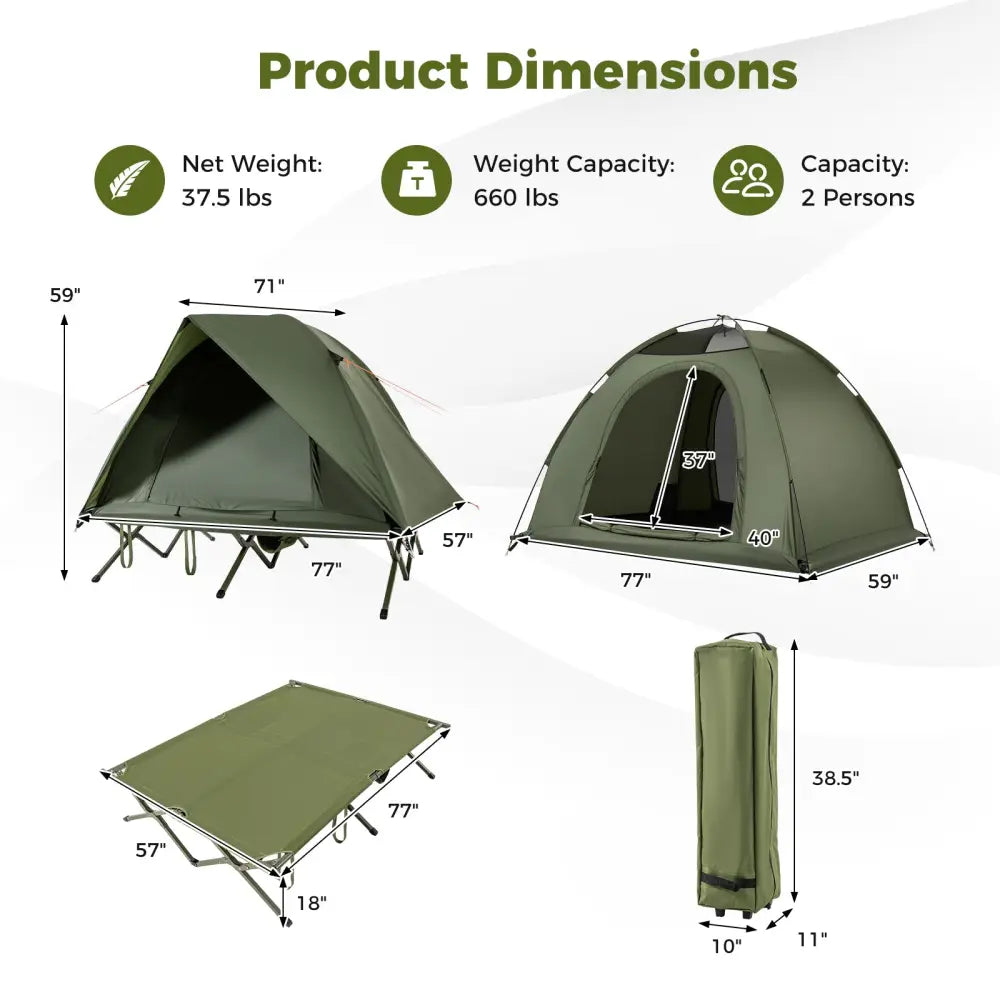 2-Person Camping Cot Tent Foldable Off-Ground Camping Combo for Adults-Green - Green - Tents
