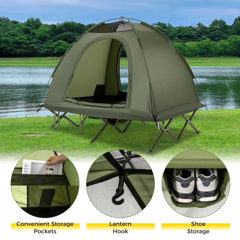 2-Person Camping Cot Tent Foldable Off-Ground Camping Combo for Adults-Green - Green - Tents