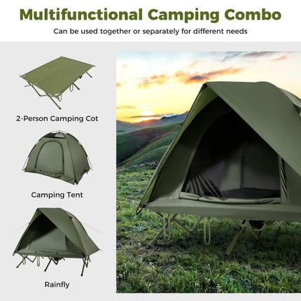 2-Person Camping Cot Tent Foldable Off-Ground Camping Combo for Adults-Green - Green - Tents
