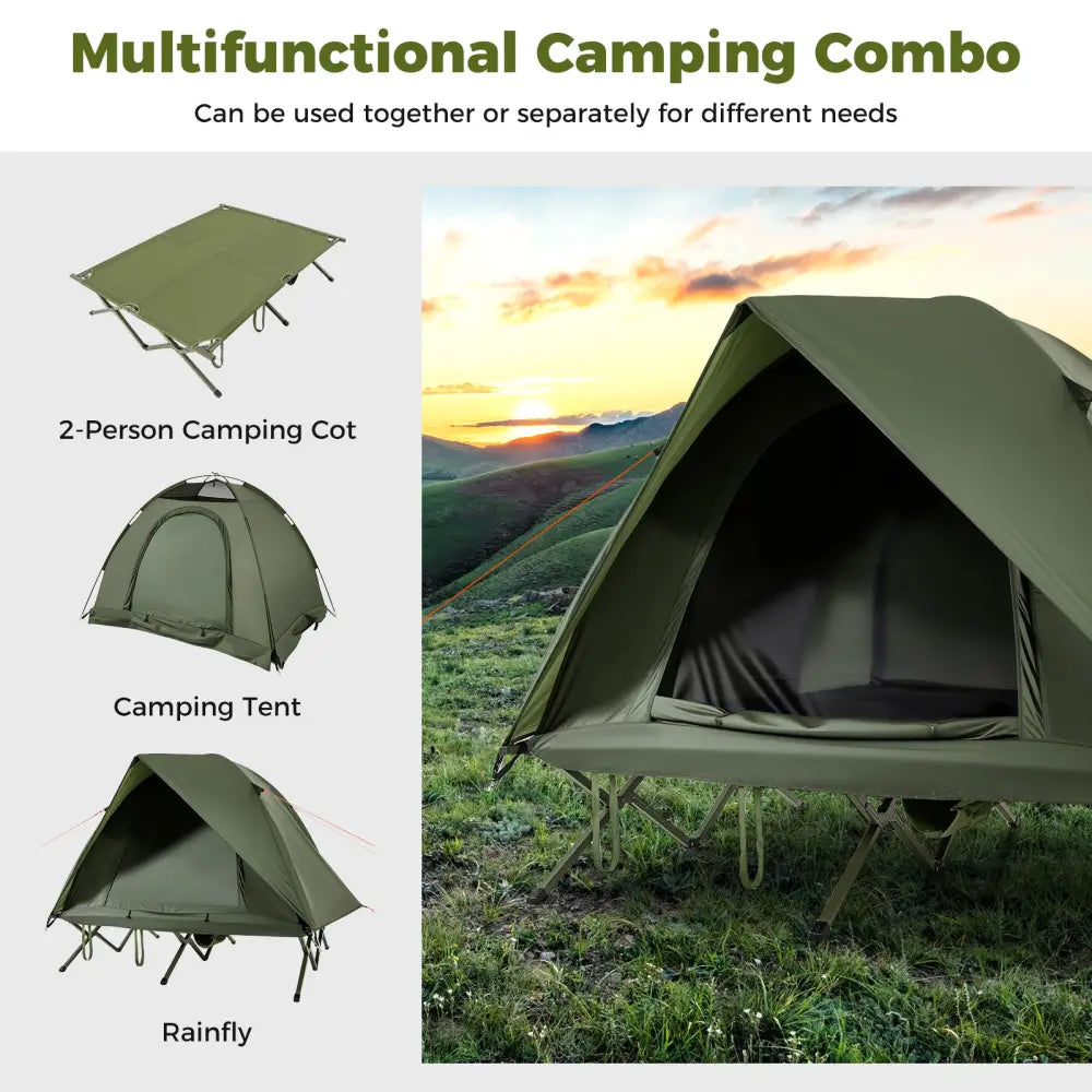 2-Person Camping Cot Tent Foldable Off-Ground Camping Combo for Adults-Green - Green - Tents