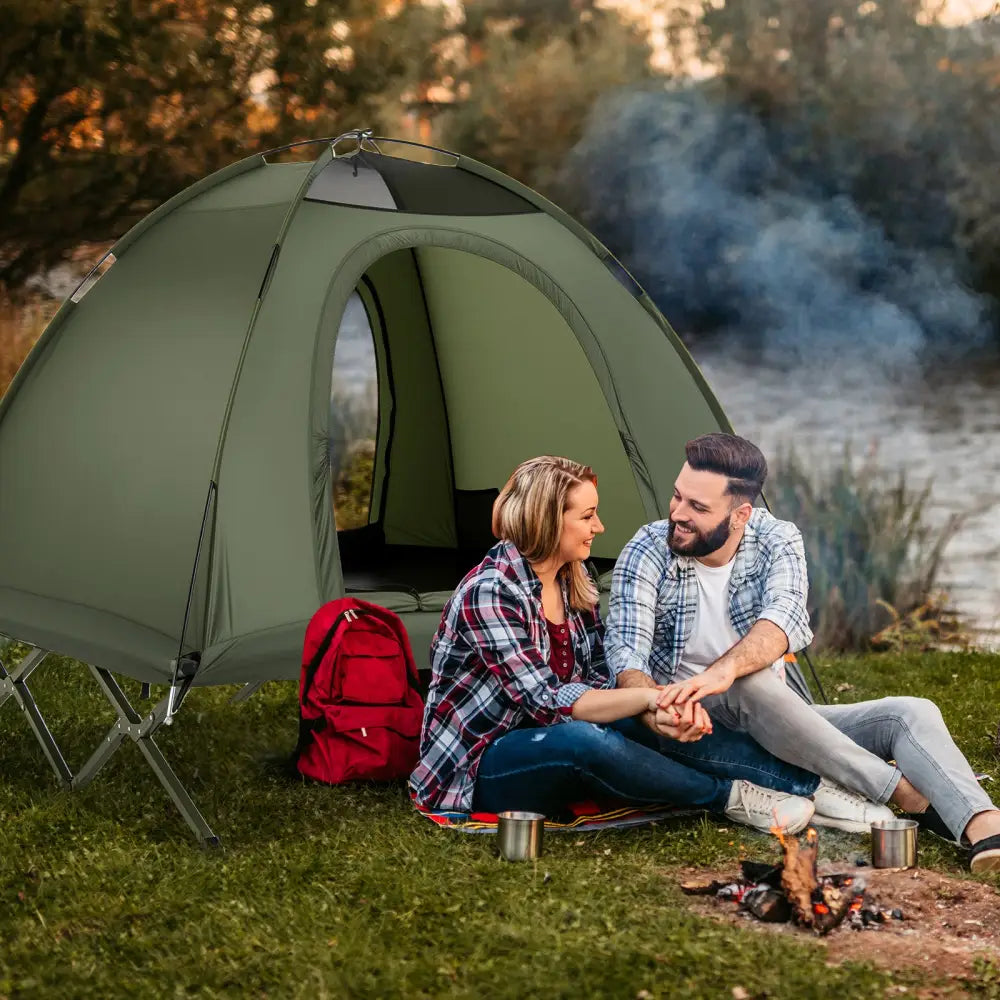 2-Person Camping Cot Tent Foldable Off-Ground Camping Combo for Adults-Green - Green - Tents