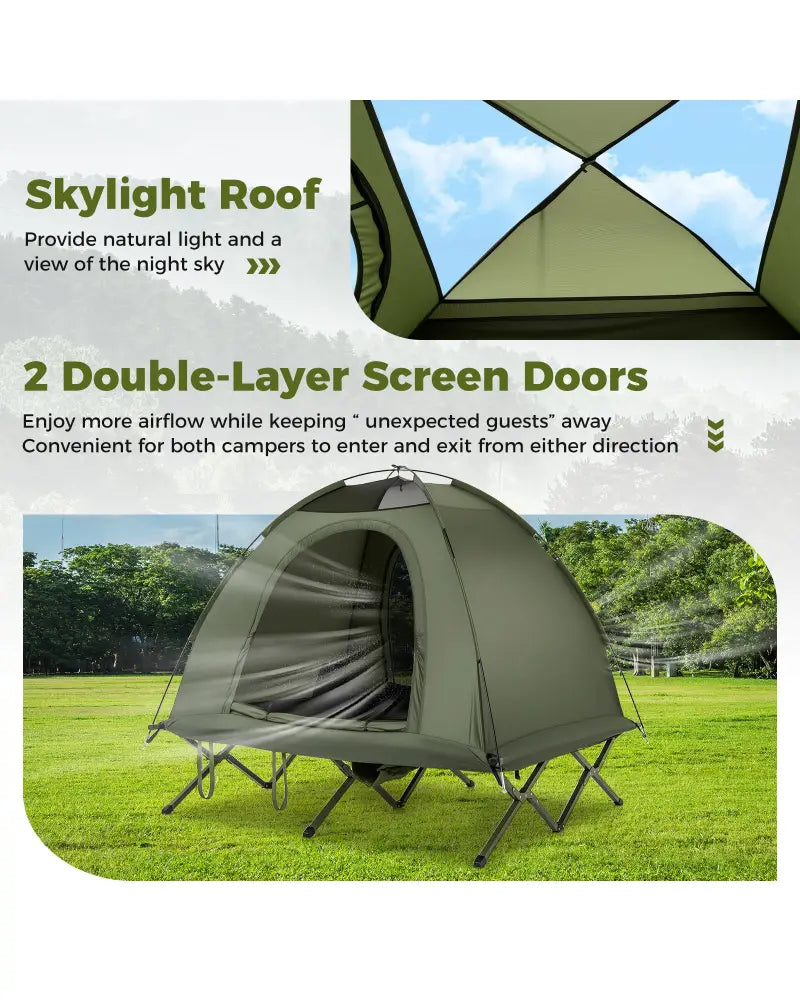 2-Person Camping Cot Tent Foldable Off-Ground Camping Combo for Adults-Green - Green - Tents