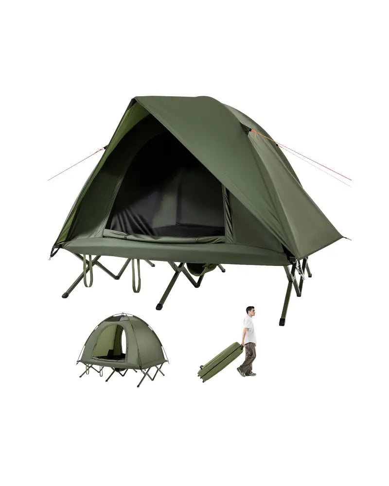 2-Person Camping Cot Tent Foldable Off-Ground Camping Combo for Adults-Green - Green - Tents