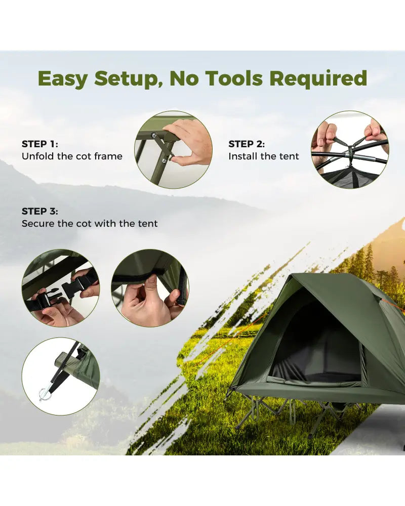 2-Person Camping Cot Tent Foldable Off-Ground Camping Combo for Adults-Green - Green - Tents
