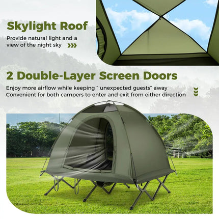 2-Person Camping Cot Tent Foldable Off-Ground Camping Combo for Adults-Green - Green - Tents