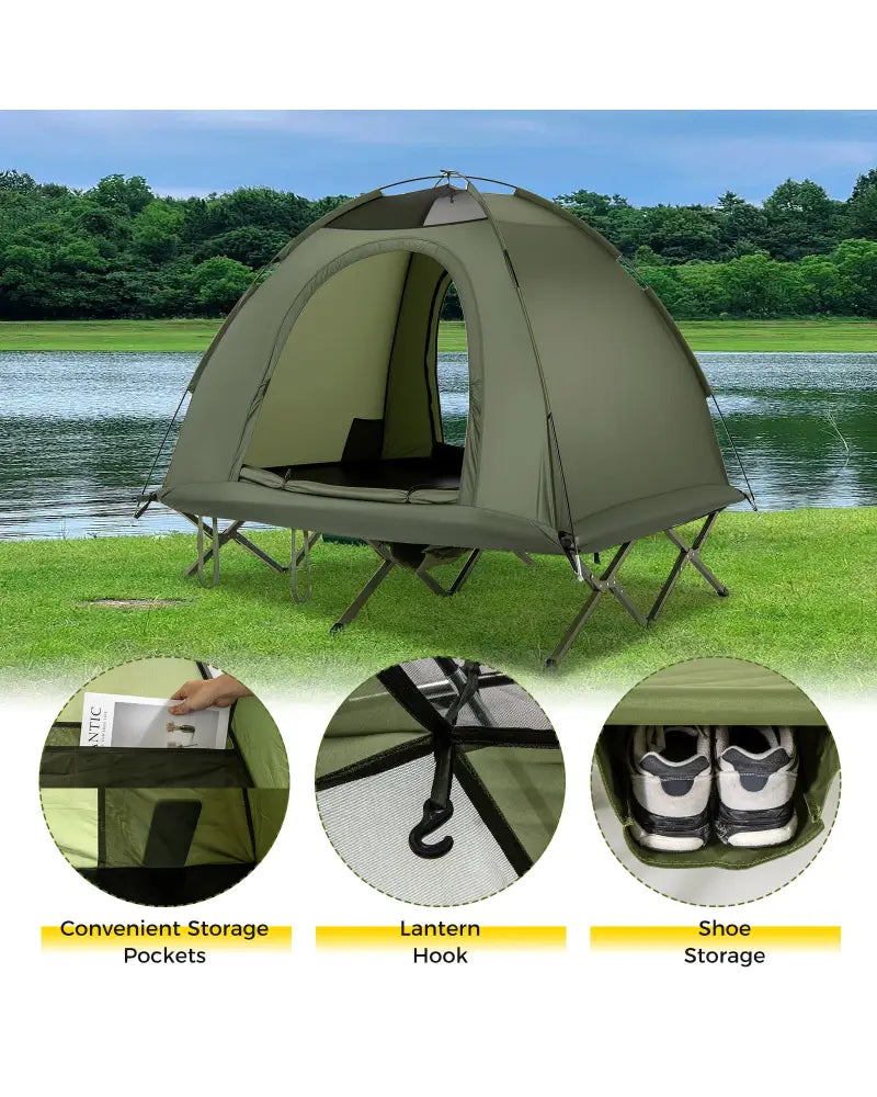 2-Person Camping Cot Tent Foldable Off-Ground Camping Combo for Adults-Green - Green - Tents