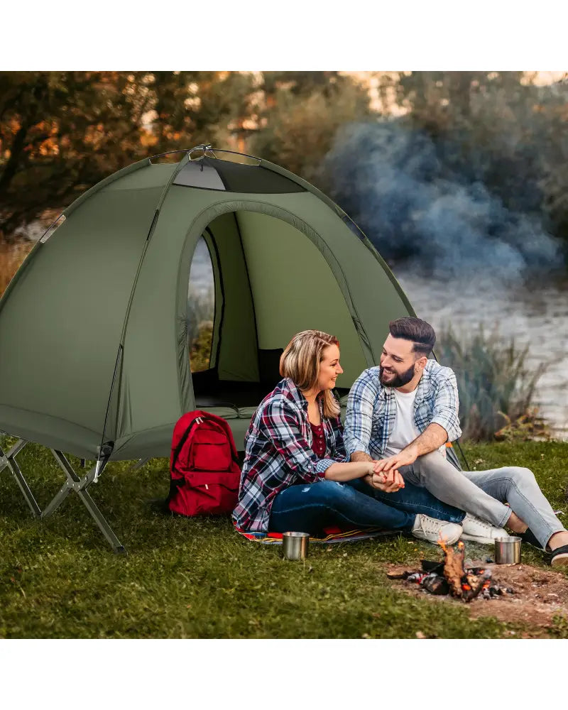 2-Person Camping Cot Tent Foldable Off-Ground Camping Combo for Adults-Green - Green - Tents