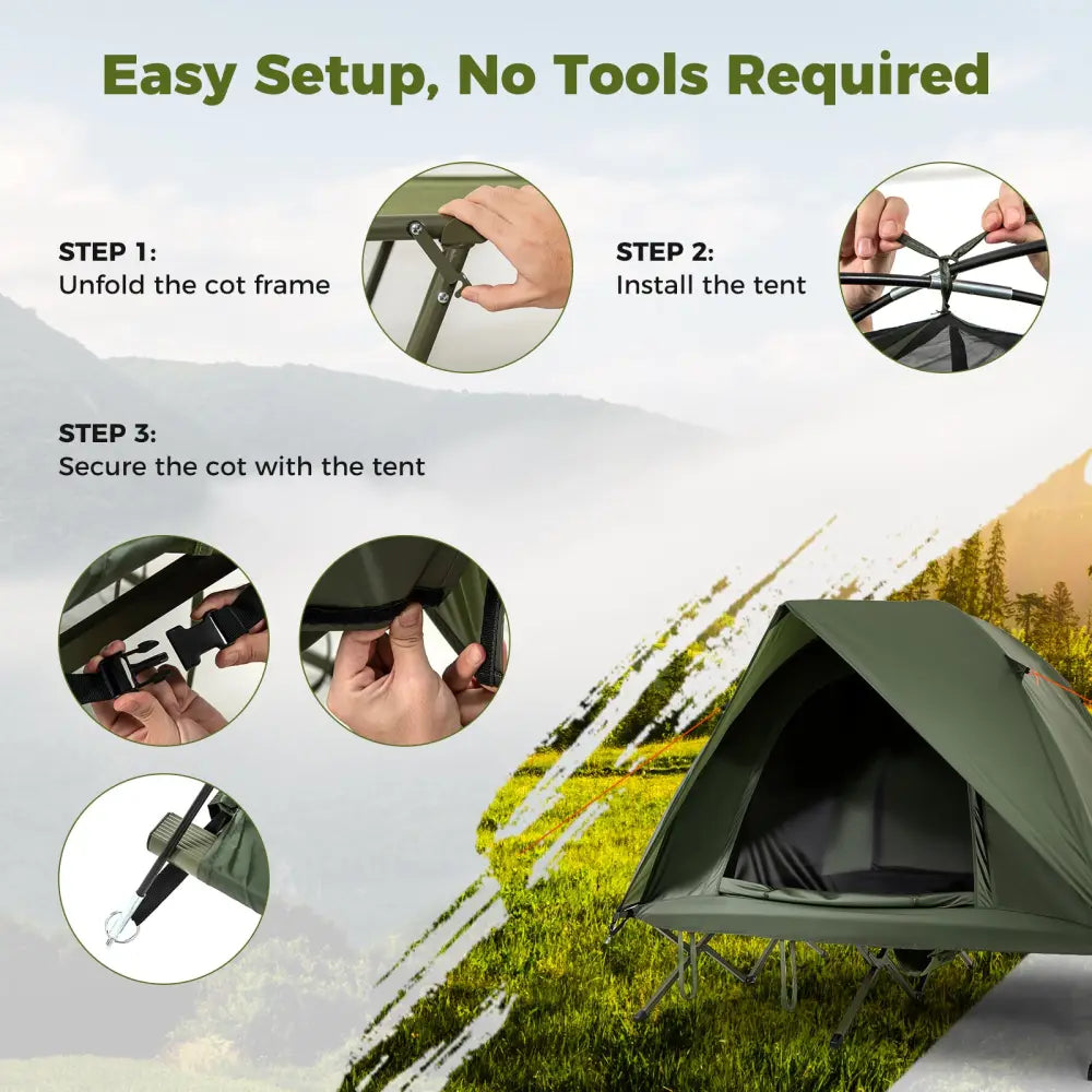 2-Person Camping Cot Tent Foldable Off-Ground Camping Combo for Adults-Green - Green - Tents