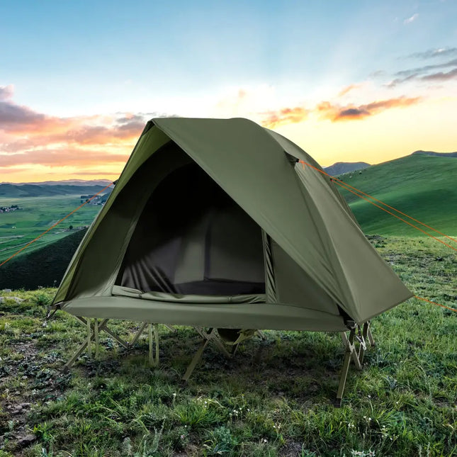 2-Person Camping Cot Tent Foldable Off-Ground Camping Combo for Adults-Green - Green - Tents