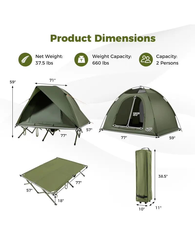 2-Person Camping Cot Tent Foldable Off-Ground Camping Combo for Adults-Green - Green - Tents