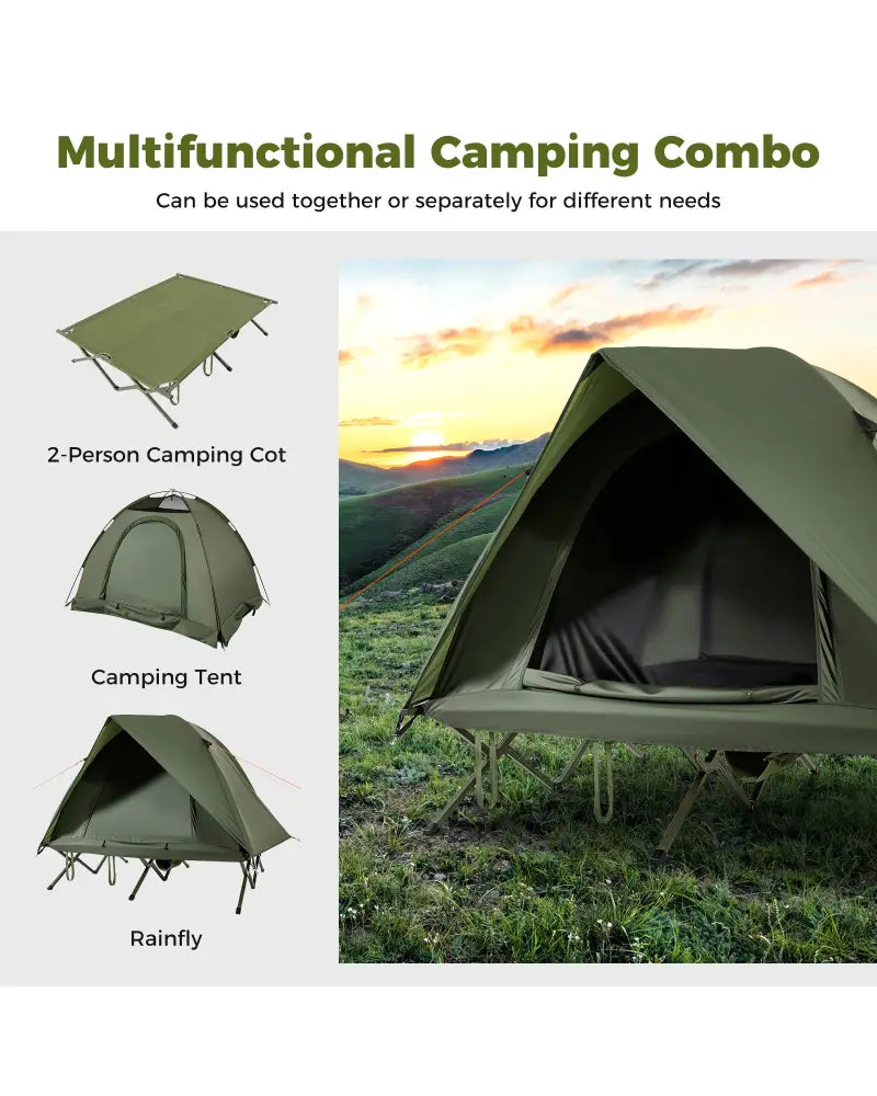 2-Person Camping Cot Tent Foldable Off-Ground Camping Combo for Adults-Green - Green - Tents