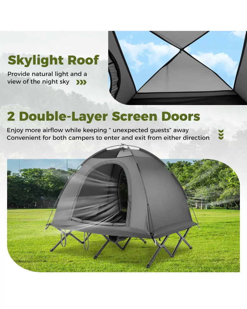 2-Person Camping Cot Tent Foldable Off-Ground Camping Combo for Adults-Grey - Gray - Tents