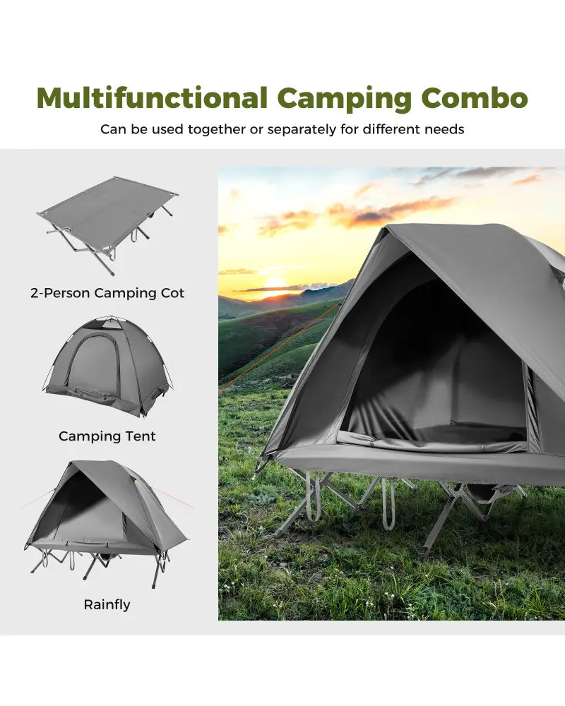 2-Person Camping Cot Tent Foldable Off-Ground Camping Combo for Adults-Grey - Gray - Tents