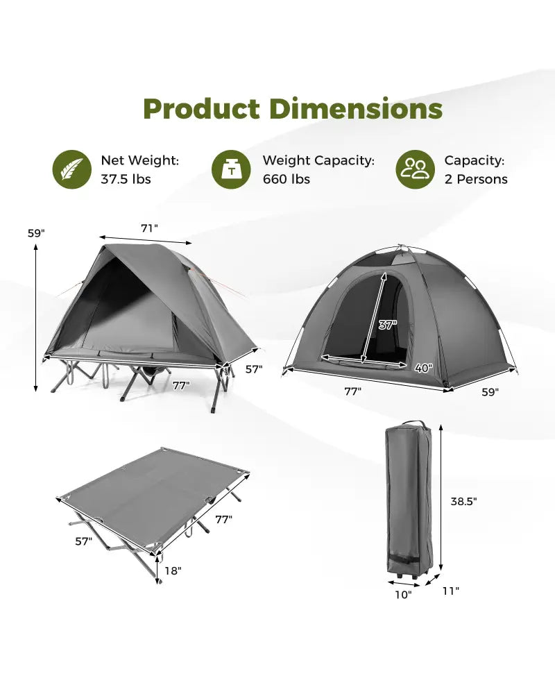 2-Person Camping Cot Tent Foldable Off-Ground Camping Combo for Adults-Grey - Gray - Tents