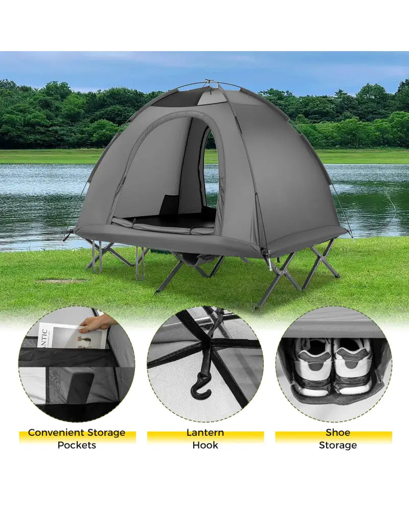 2-Person Camping Cot Tent Foldable Off-Ground Camping Combo for Adults-Grey - Gray - Tents