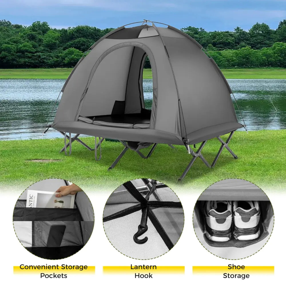 2-Person Camping Cot Tent Foldable Off-Ground Camping Combo for Adults-Grey - Gray - Tents
