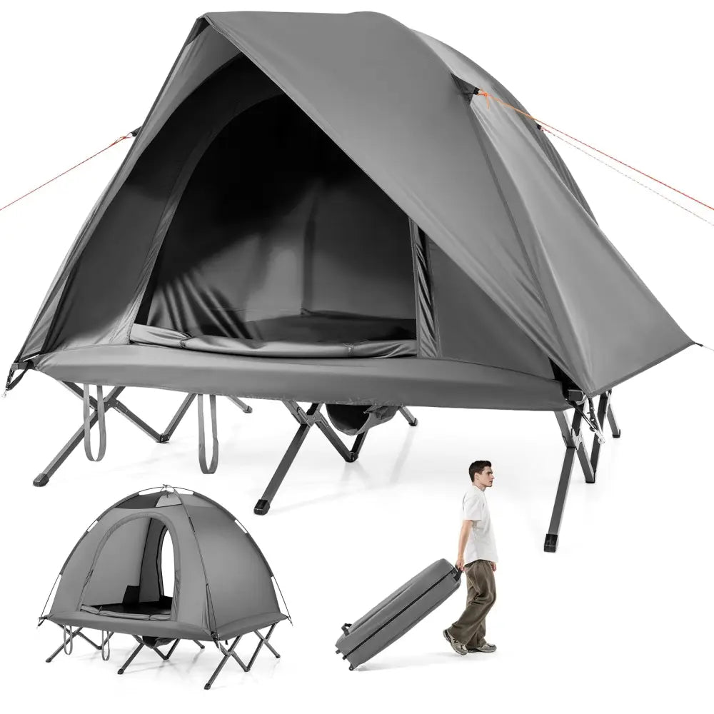 2-Person Camping Cot Tent Foldable Off-Ground Camping Combo for Adults-Grey - Gray - Tents