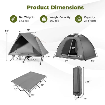 2-Person Camping Cot Tent Foldable Off-Ground Camping Combo for Adults-Grey - Gray - Tents