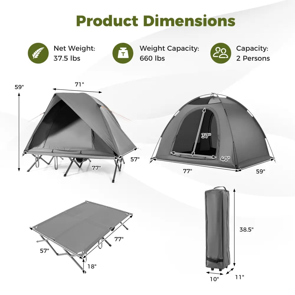 2-Person Camping Cot Tent Foldable Off-Ground Camping Combo for Adults-Grey - Gray - Tents