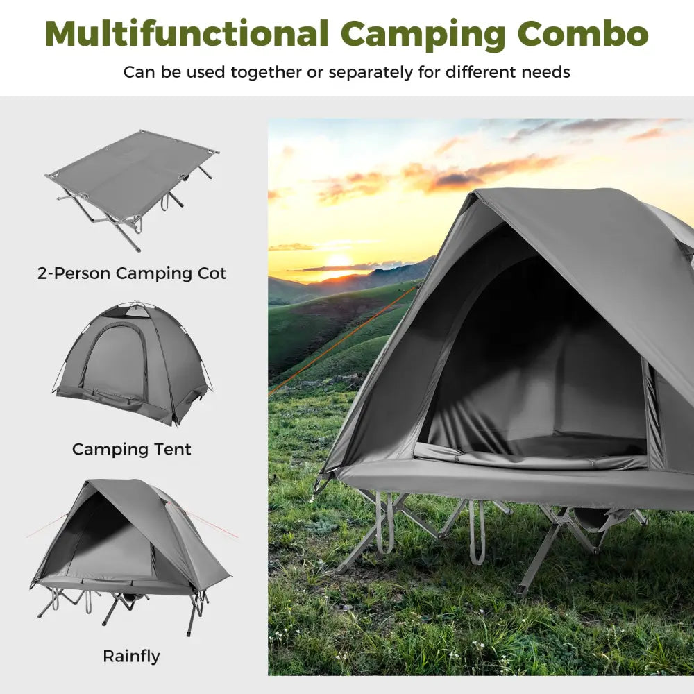 2-Person Camping Cot Tent Foldable Off-Ground Camping Combo for Adults-Grey - Gray - Tents