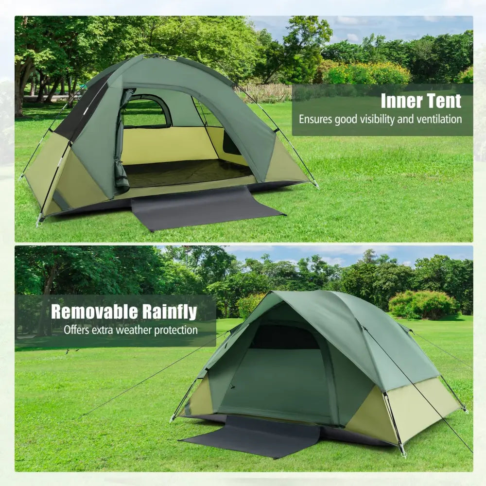 2-person Camping Tent w/ Removable Rain Fly and Double-layer Door-Green - Green - Tents