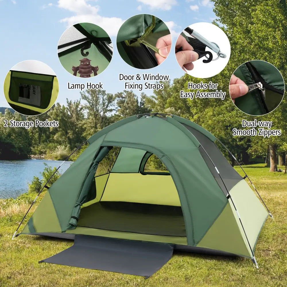 2-person Camping Tent w/ Removable Rain Fly and Double-layer Door-Green - Green - Tents