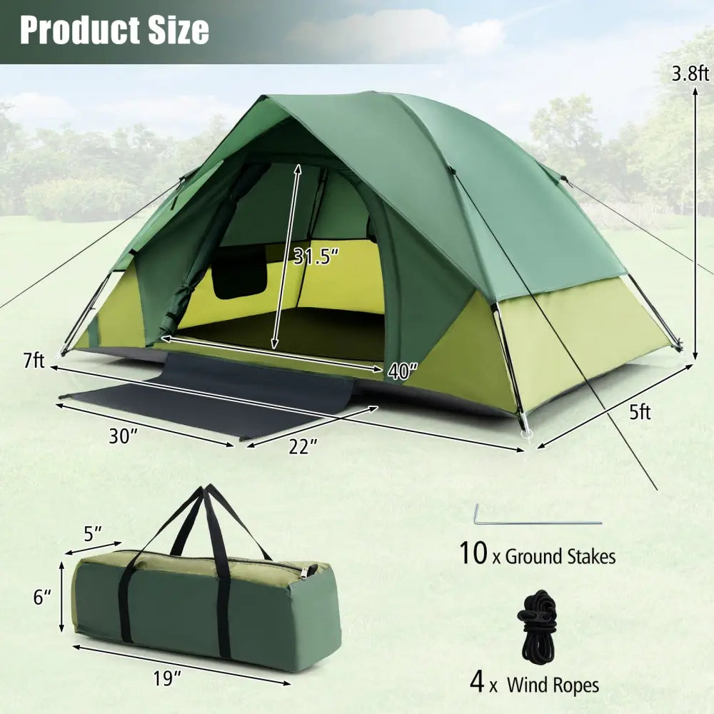 2-person Camping Tent w/ Removable Rain Fly and Double-layer Door-Green - Green - Tents