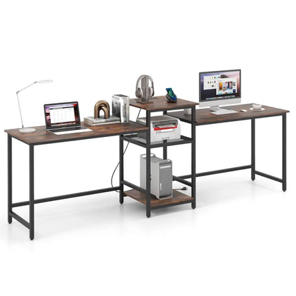 2-Person Computer Desk with Power Outlet and Printer Stand-Rustic Brown Costway