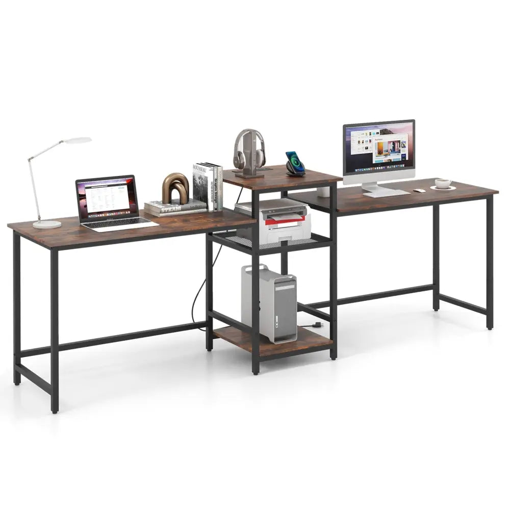2-Person Computer Desk with Power Outlet and Printer Stand-Rustic Brown Costway