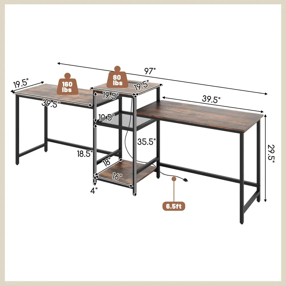 2-Person Computer Desk with Power Outlet and Printer Stand-Rustic Brown Costway