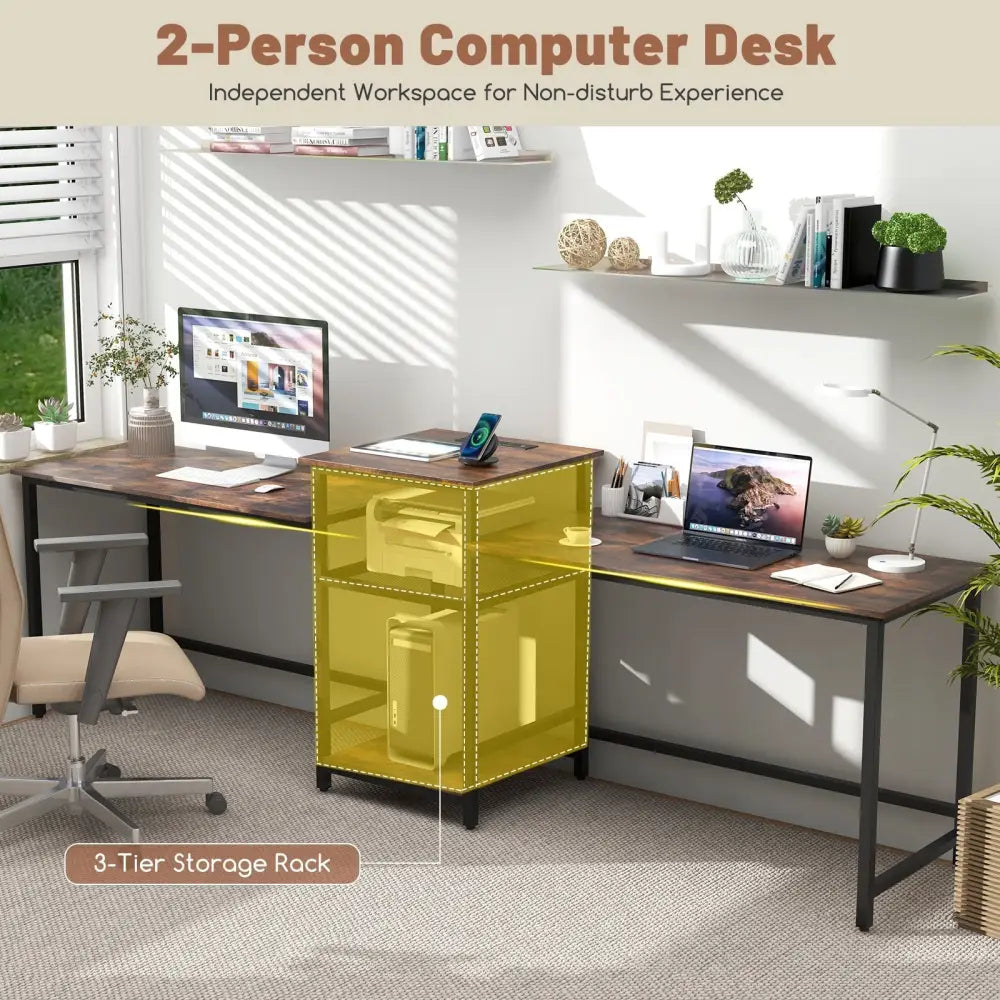 2-Person Computer Desk with Power Outlet and Printer Stand-Rustic Brown Costway