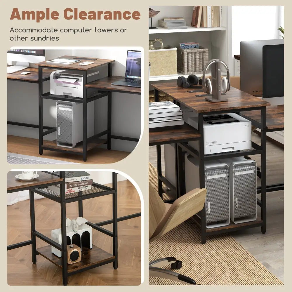 2-Person Computer Desk with Power Outlet and Printer Stand-Rustic Brown Costway