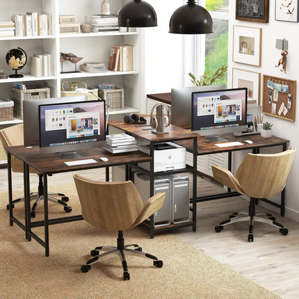 2-Person Computer Desk with Power Outlet and Printer Stand-Rustic Brown Costway