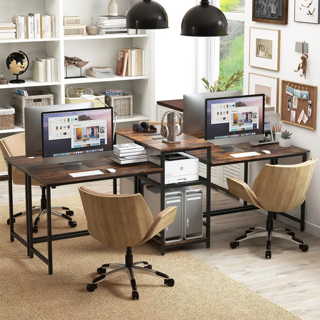 2-Person Computer Desk with Power Outlet and Printer Stand-Rustic Brown Costway