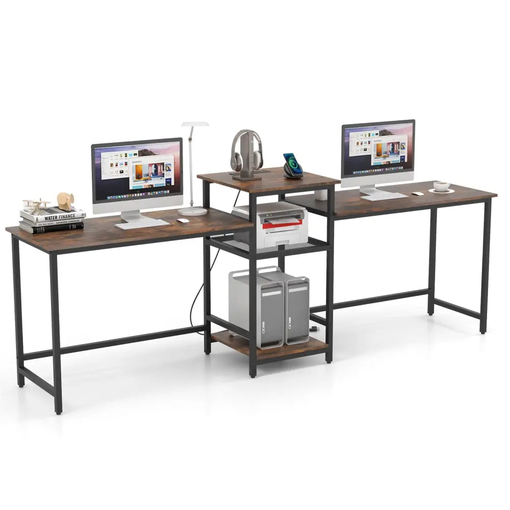 2-Person Computer Desk with Power Outlet and Printer Stand-Rustic Brown - Rustic Brown - Computer Desks