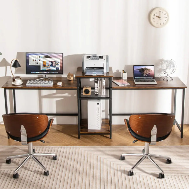 2-Person Computer Desk with Power Outlet and Printer Stand-Rustic Brown Costway