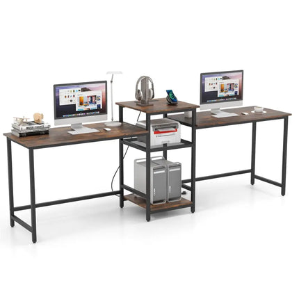 2-Person Computer Desk with Power Outlet and Printer Stand-Rustic Brown Costway
