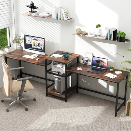 2-Person Computer Desk with Power Outlet and Printer Stand-Rustic Brown Costway