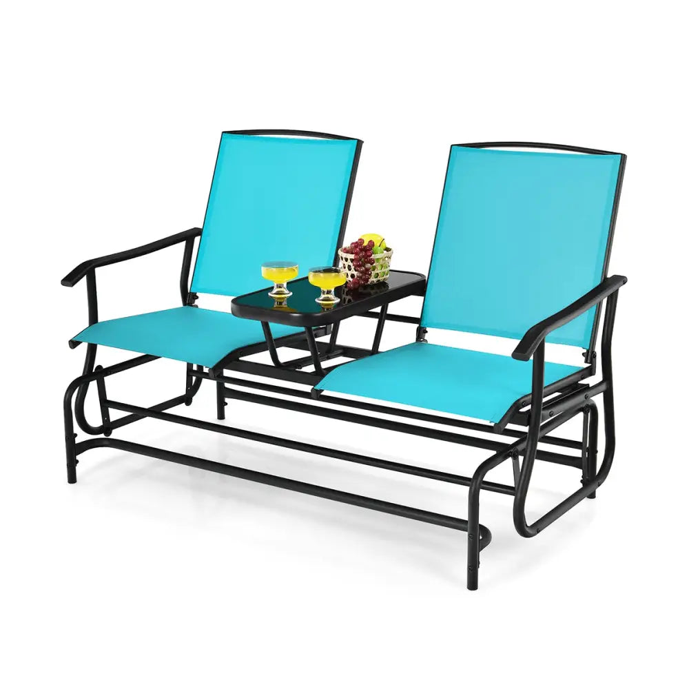 2-Person Double Rocking Loveseat with Mesh Fabric and Center Tempered Glass Table-Turquoise - Turquoise - Patio