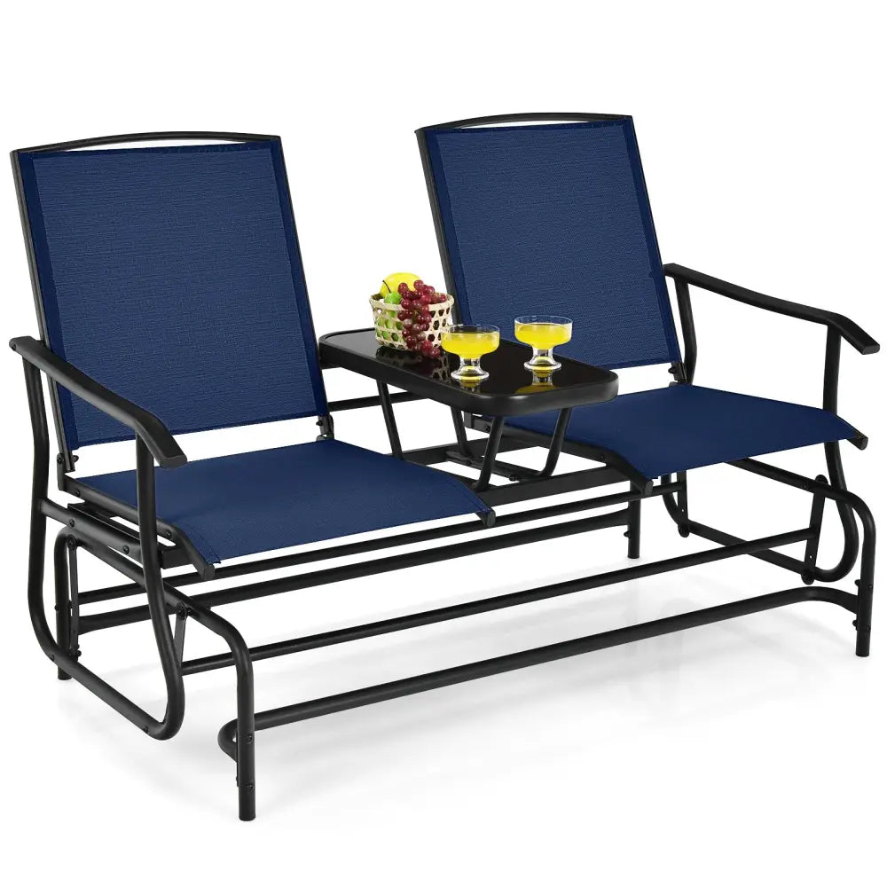 2-Person Double Rocking Loveseat with Mesh Fabric and Center Tempered Glass Table-Navy - Navy - Patio Conversation Sets